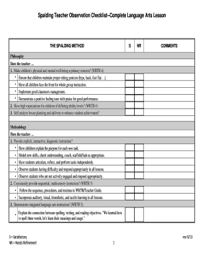 Spalding Teacher Observation Checklist Complete Language Arts Spalding  Form