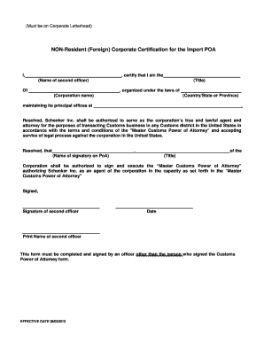 NON Resident Foreign Corporate Certification for the Import POA  Form