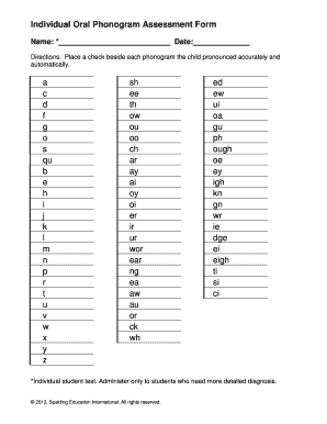 Individual Oral Phonogram Assessment Form Spalding