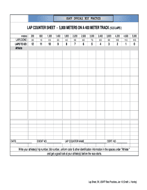LAP COUNTER SHEET 5000 METERS on a 400 METER TRACK USATF Usatf  Form