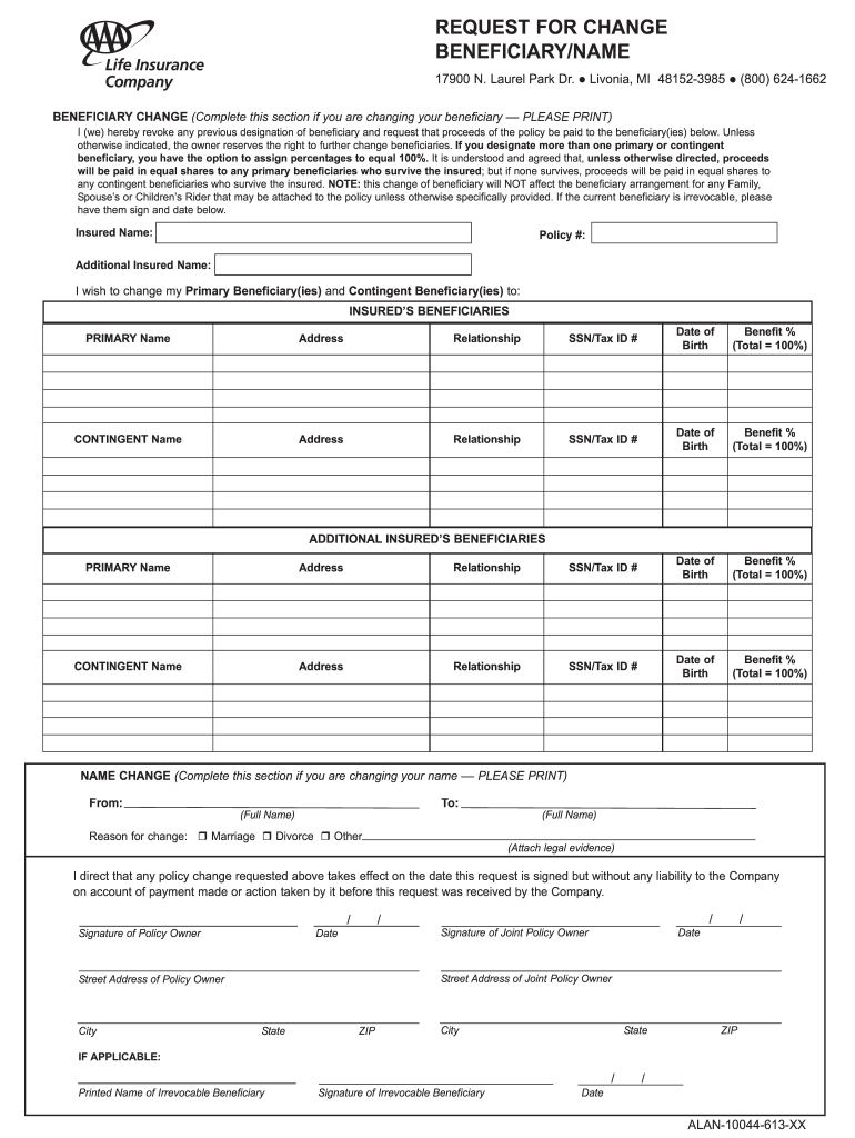 Aaa Life Insurance Company Change of Beneficicary Form