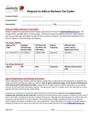 Request to Add or Remove Tax Codes Paylocity  Form