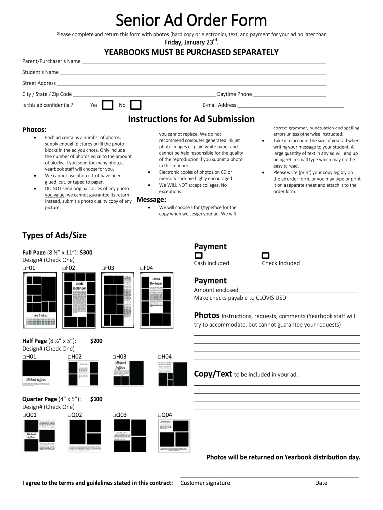 Senior Ad Order Form Clovis East High School