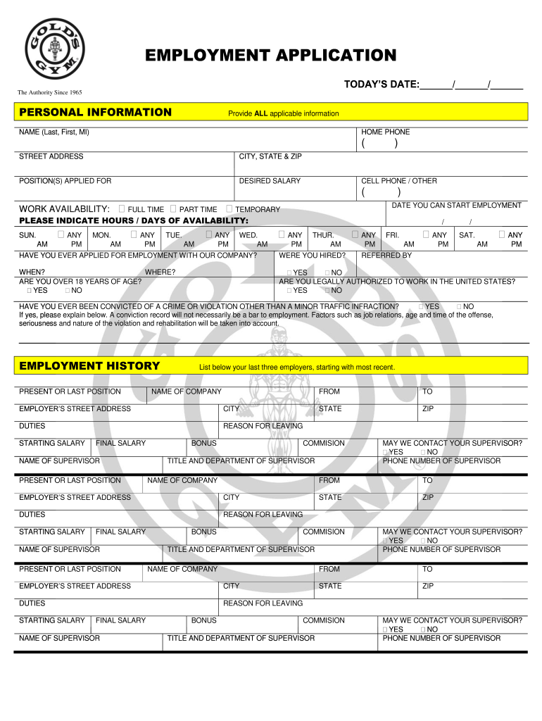 EMPLOYMENT APPLICATION  Golds Gym  Form