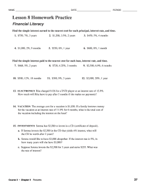 Lesson 8 Homework Practice Financial Literacy Answer Key  Form