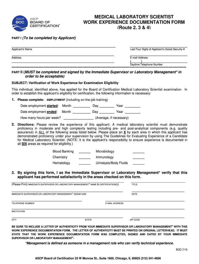 MEDICAL LABORATORY SCIENTIST WORK EXPERIENCE DOCUMENTATION Ascp  Form