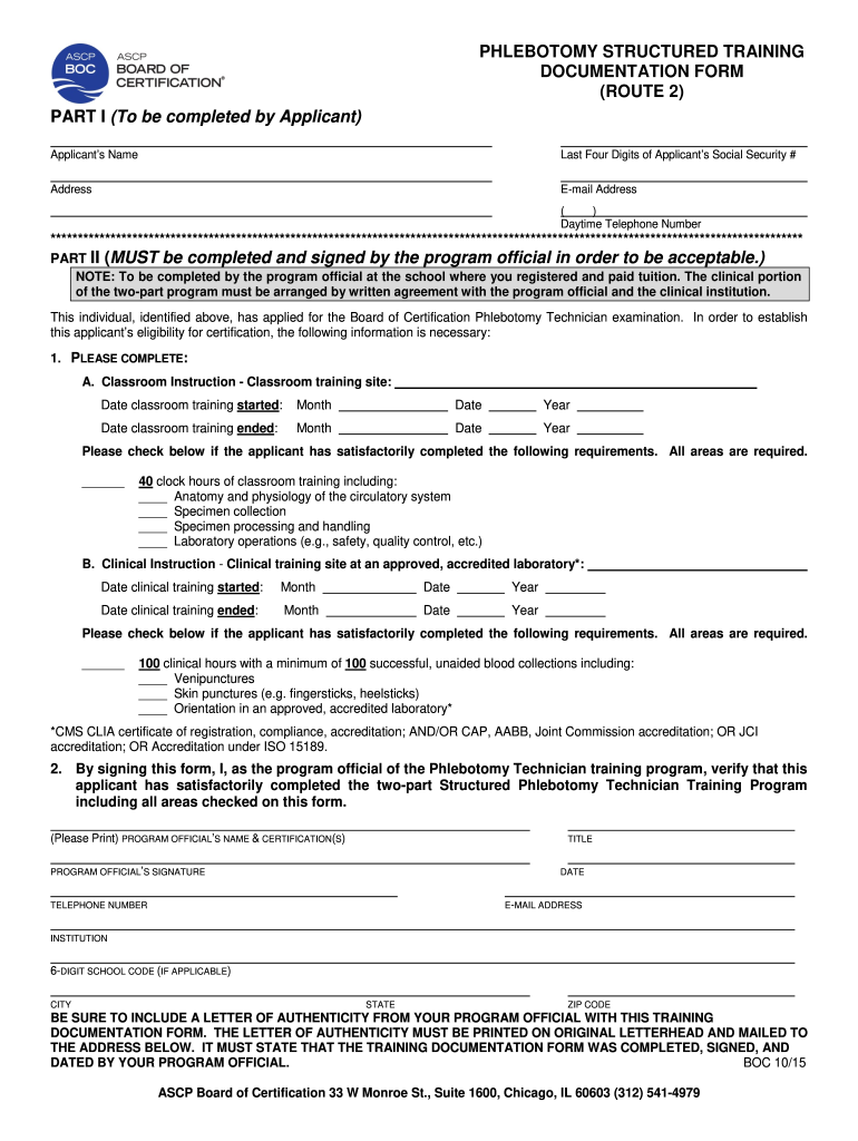 PHLEBOTOMY STRUCTURED TRAINING DOCUMENTATION FORM ROUTE 2  Ascp