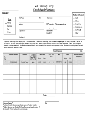 Mott Community College Class Schedule Worksheet Mccedu  Form