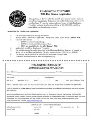 Readington Township Dog License  Form