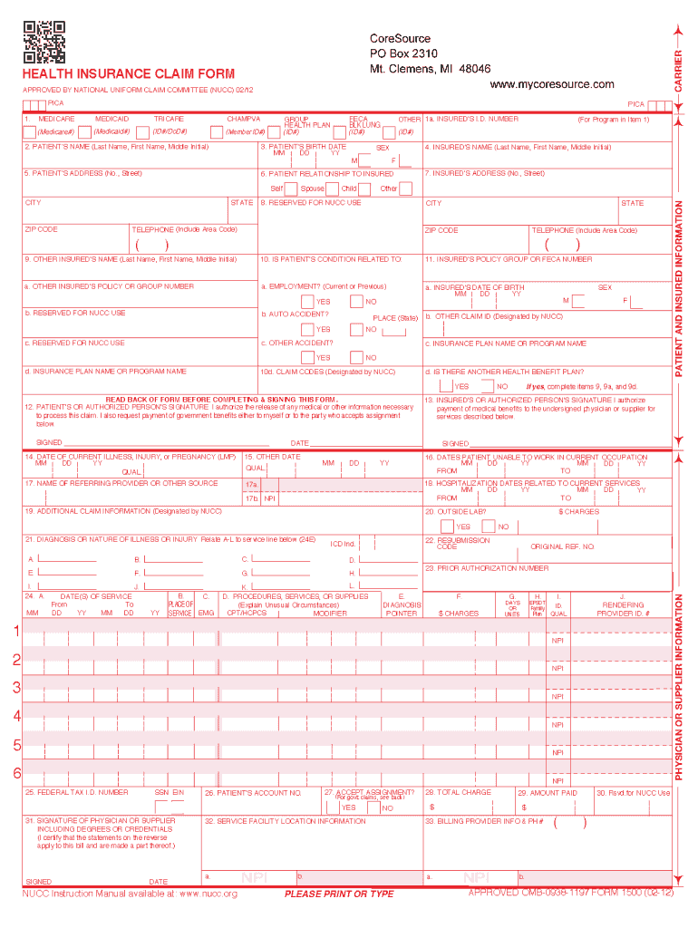 CMS 1500 Template Ohio State University  Form
