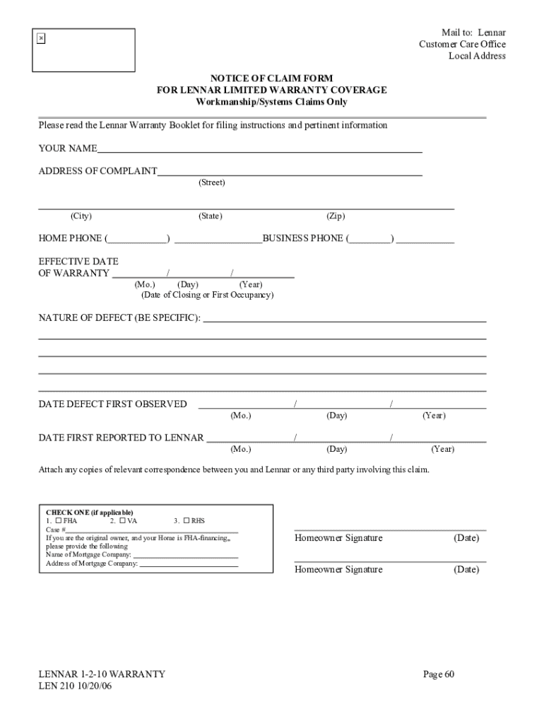  Lennar Warranty Claim Form 2006-2024