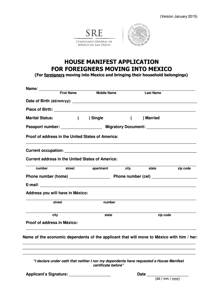  HOUSE MANIFEST APPLICATION for FOREIGNERS MOVING into MEXICO  Consulmex Sre Gob 2015-2024