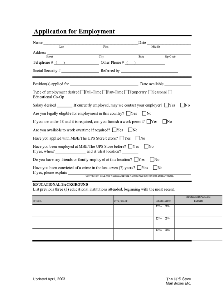 Application for Employment the UPS Store 6416  Form