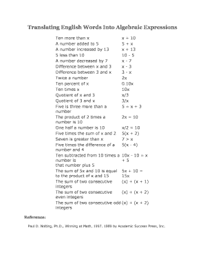 A Guide for Translating Verbal Expressions into Algebraic Expressions  Form