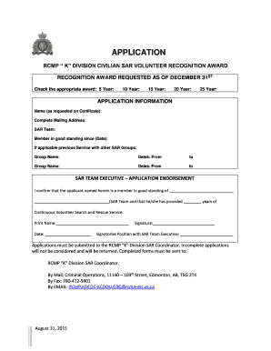 RECOGNITION AWARD REQUESTED as of DECEMBER 31ST SAR Alberta  Form