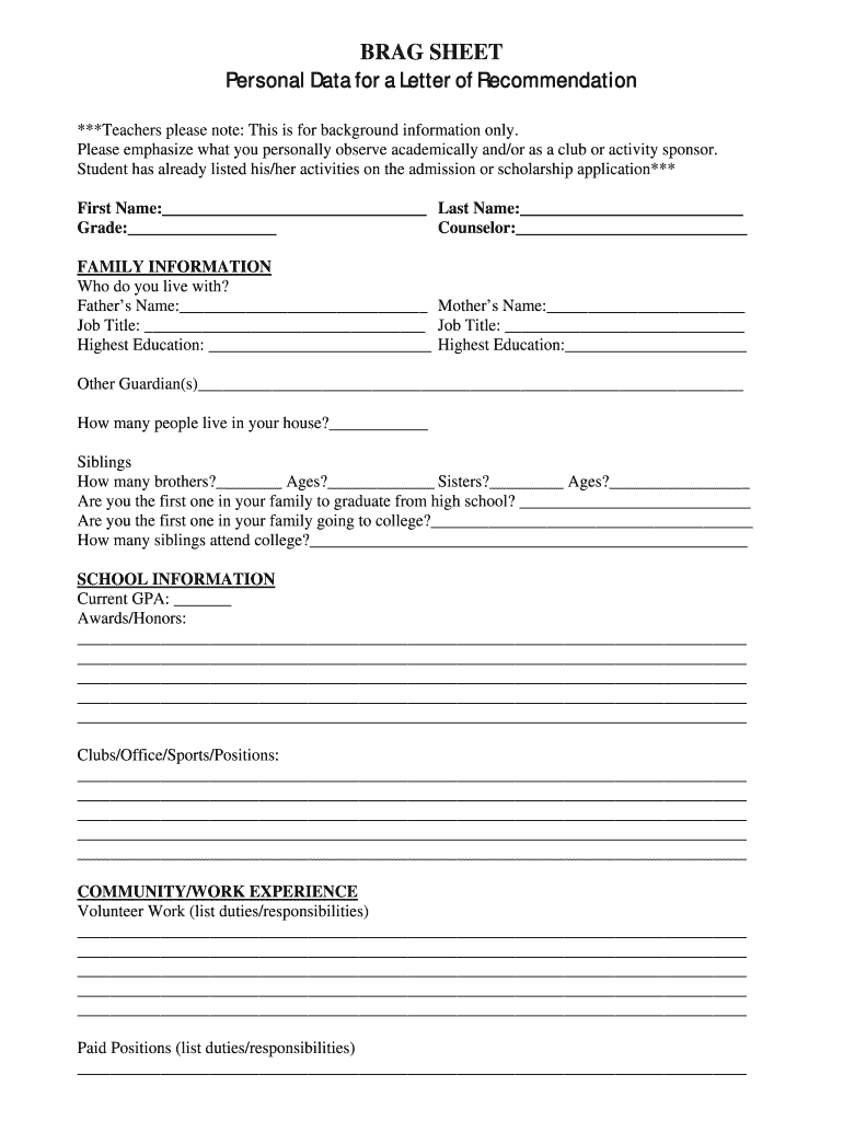 BRAG SHEET Personal Data for a Letter of Recommendation  Form
