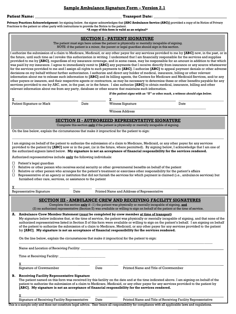 Sample Ambulance Signature Form Version 2