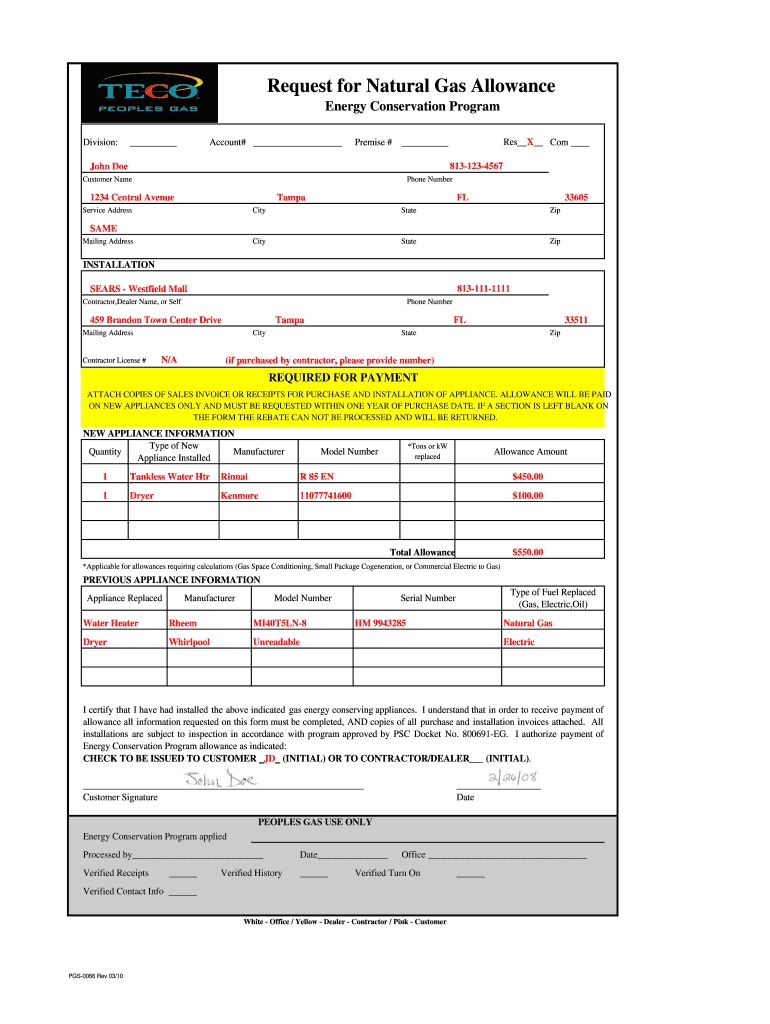 Request for Natural Gas Allowance  TECO Energy  Form