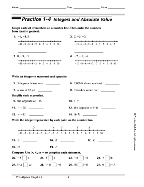 Integers and Absolute Value Worksheet Answer Key  Form