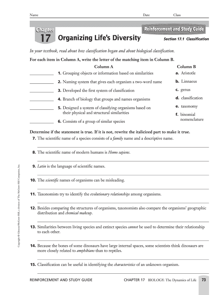 Reinforcement and Study Guide 17 Organizing Lifes Diversity  Form