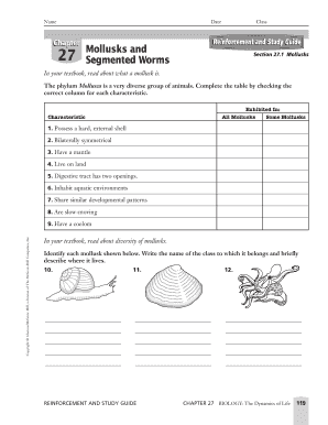 Mollusks and Segmented Worms Worksheet Answers  Form
