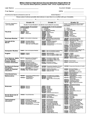 High School Course Selection Sheet  Form