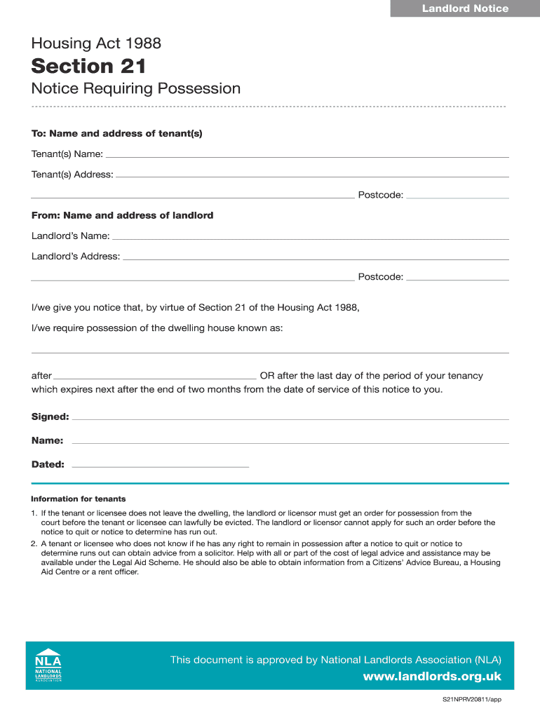 Housing Act 1988 Section 21 National Landlords Association  Form