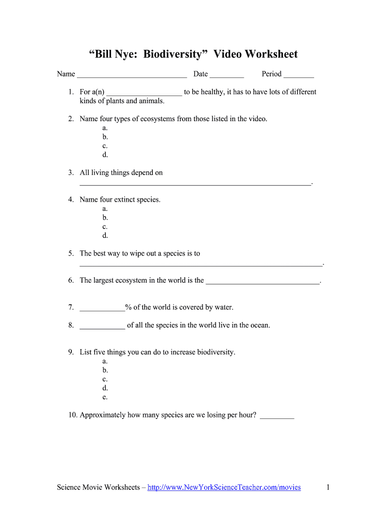 Bill Nye Biodiversity Video Worksheet  Form