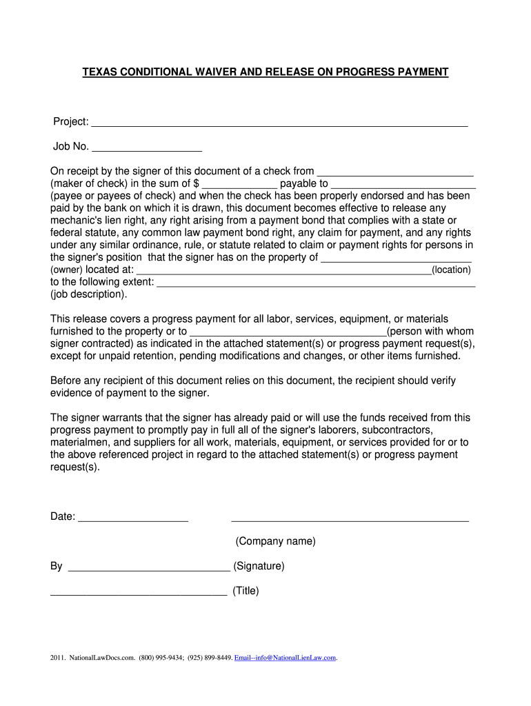  Lien Waiver Form Texas PDF 2011-2024