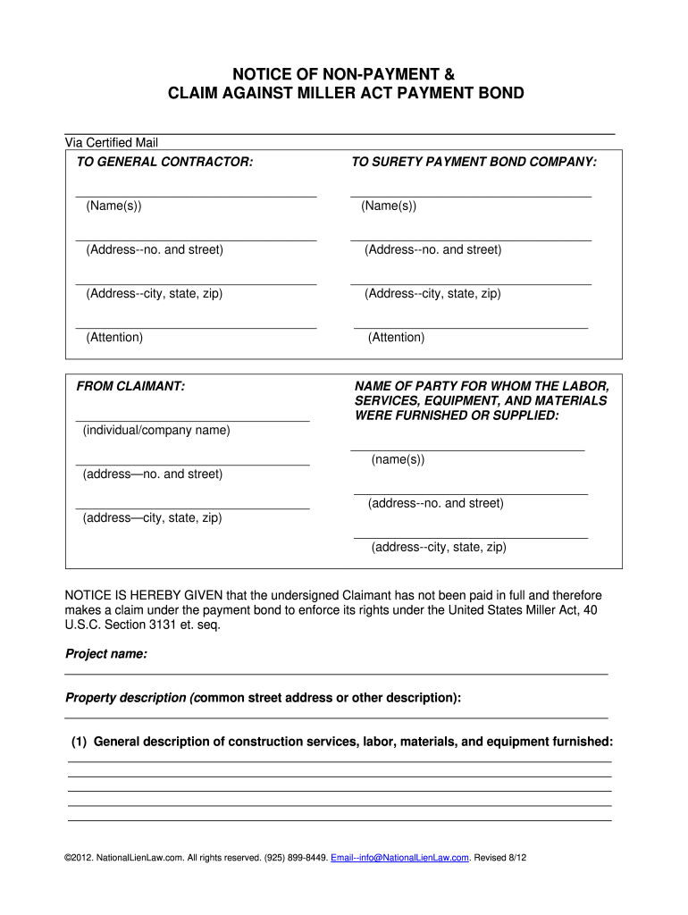 NOTICE of NON PAYMENT CLAIM AGAINST MILLER ACT PAYMENT BOND  Form