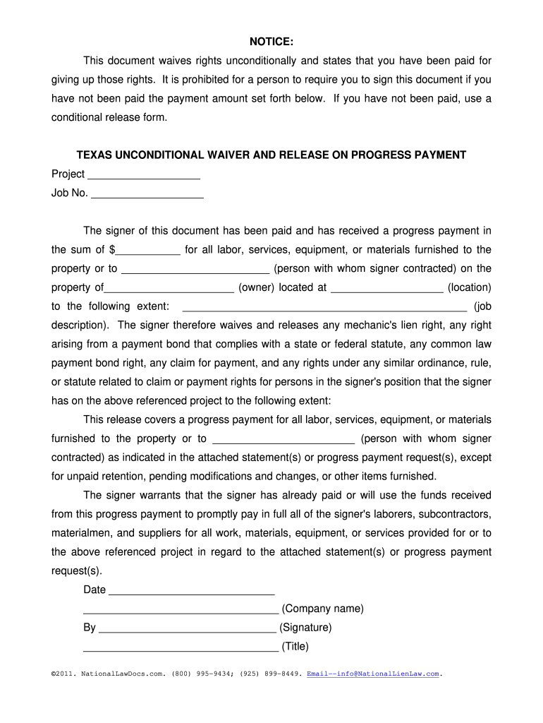 Unconditional Waiver and Release on Progress Payment PDF  Form
