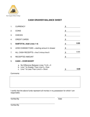 Cash Drawer Balance Sheet  Form