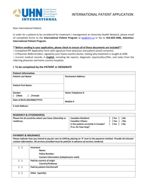 INTERNATIONAL PATIENT APPLICATION Dear International Patient in Order for a Patient to Be Considered for Treatment Management at  Form