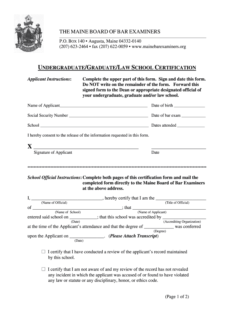  School Certificate Form Maine Board of Bar Examiners Mainebarexaminers 2008-2024