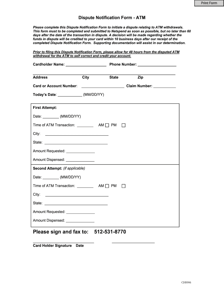Dispute Notification Form ATM NetSpend