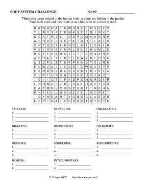 Body System Challenge Word Search  Form