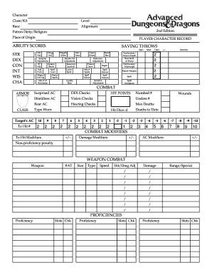 Advanced Dungeons Dragons Player Character  Form