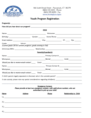 Youth Program Registration Form Stonington CT Stonington Ct