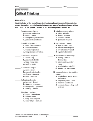 Skills Worksheet Critical Thinking Analogies Answer Key  Form