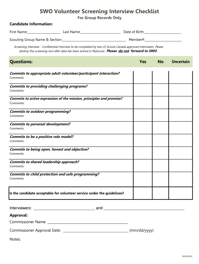 SWO Volunteer Screening Interview Checklist Scouts Canada  Form