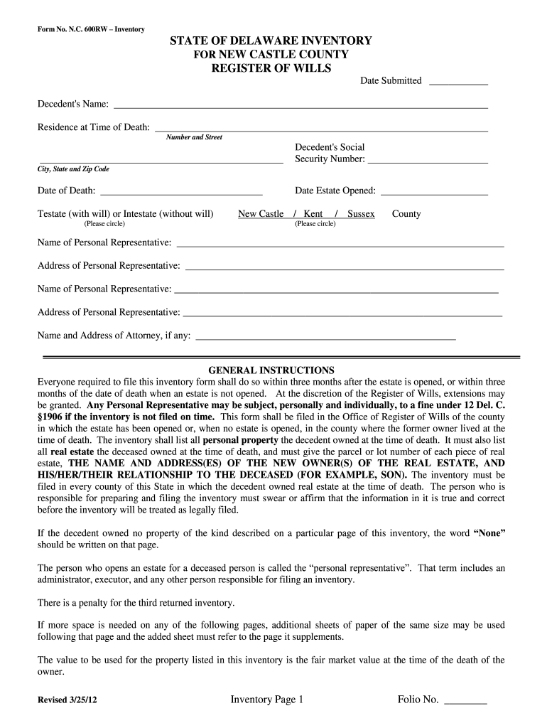 Get and Sign Form No NC 600RW Inventory STATE of DELAWARE INVENTORY for Nccde