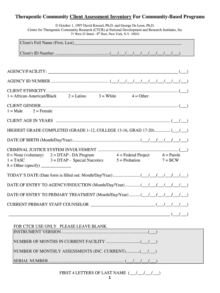 Therapeutic Community Client Assessment Inventory for  Form