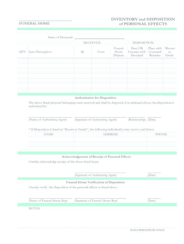  Funeral Personal Effects Forms 2012-2024