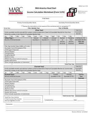 Head Start Income Calculation Worksheet  Form