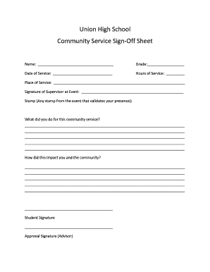 Community Service Hours Sign off Sheet  Form