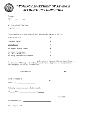 WYOMING DEPARTMENT of REVENUE AFFIDAVIT of COMPLETION  Form