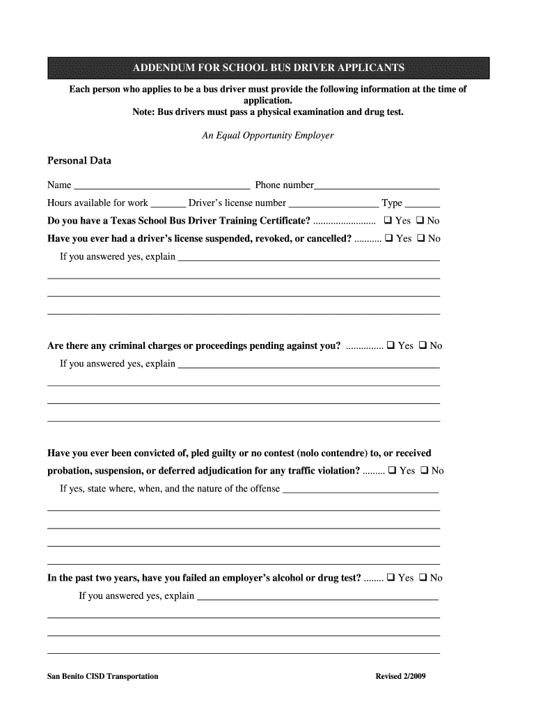 Sample Employment Application Addendum for School Bus Drivers Hiring Transportation Sbcisd  Form