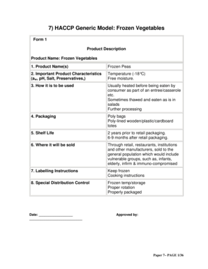 Haccp Product Description Example  Form