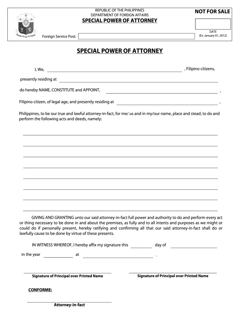 Special Power of Attorney from Usa to Philippines  Form