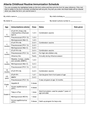 Alberta Immunization Schedule  Form